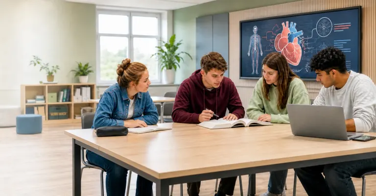 Vier Auszubildende lernen gemeinsam in einem modernen Klassenraum