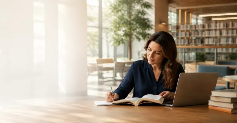 Eine erwachsene Teilnehmerin lernt mit Büchern und einem Notebook