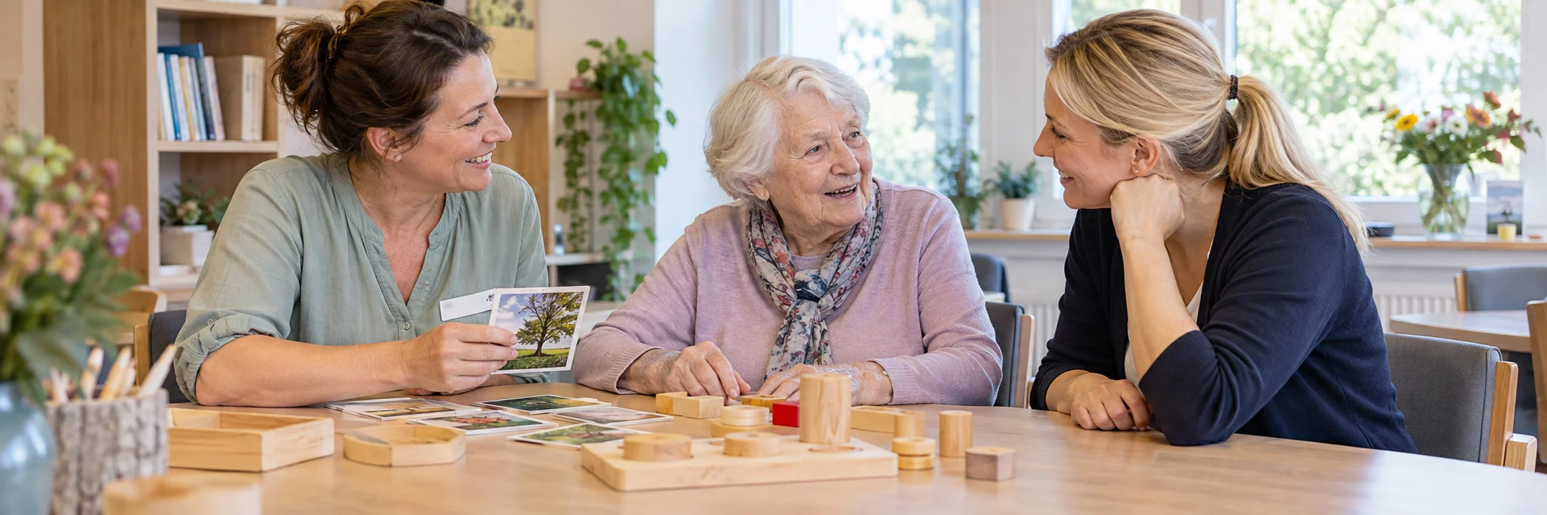 Betreuungskräfte gestalten mit einer Seniorin eine gemeinsame Aktivität