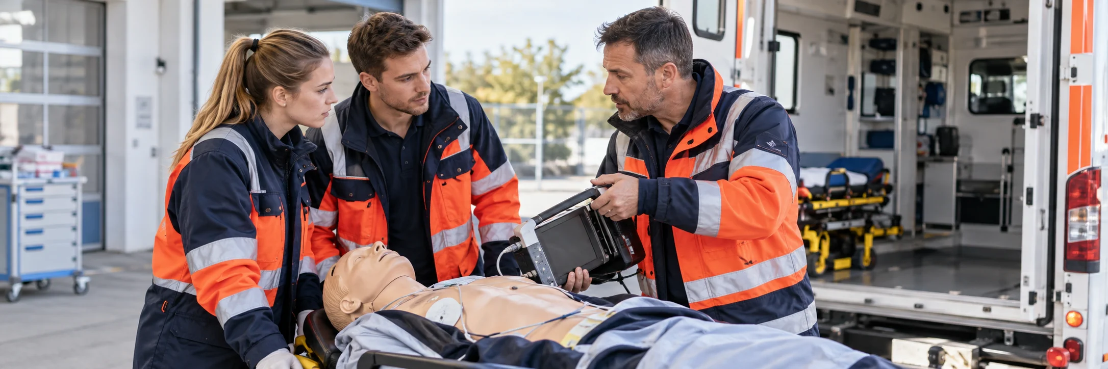 Rettungsdienstkräfte trainieren gemeinsam an einer Übungspuppe